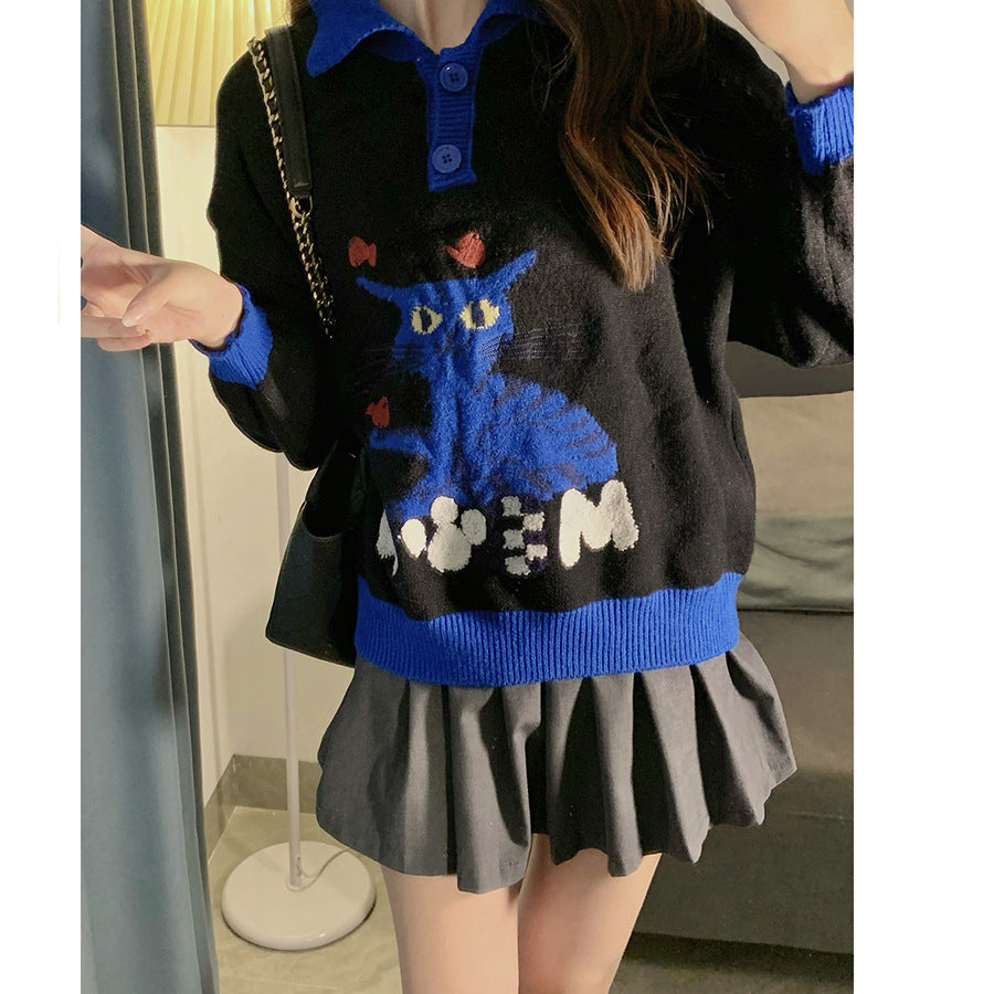 New Polo Collar Idle Style Pullover Machine Embroidery Cartoon Cat Sweater Top