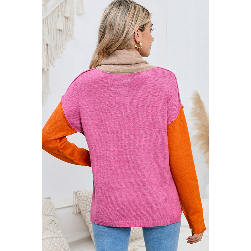 Color Matching Pullover Turtleneck Sweater Women's Long Sleeve