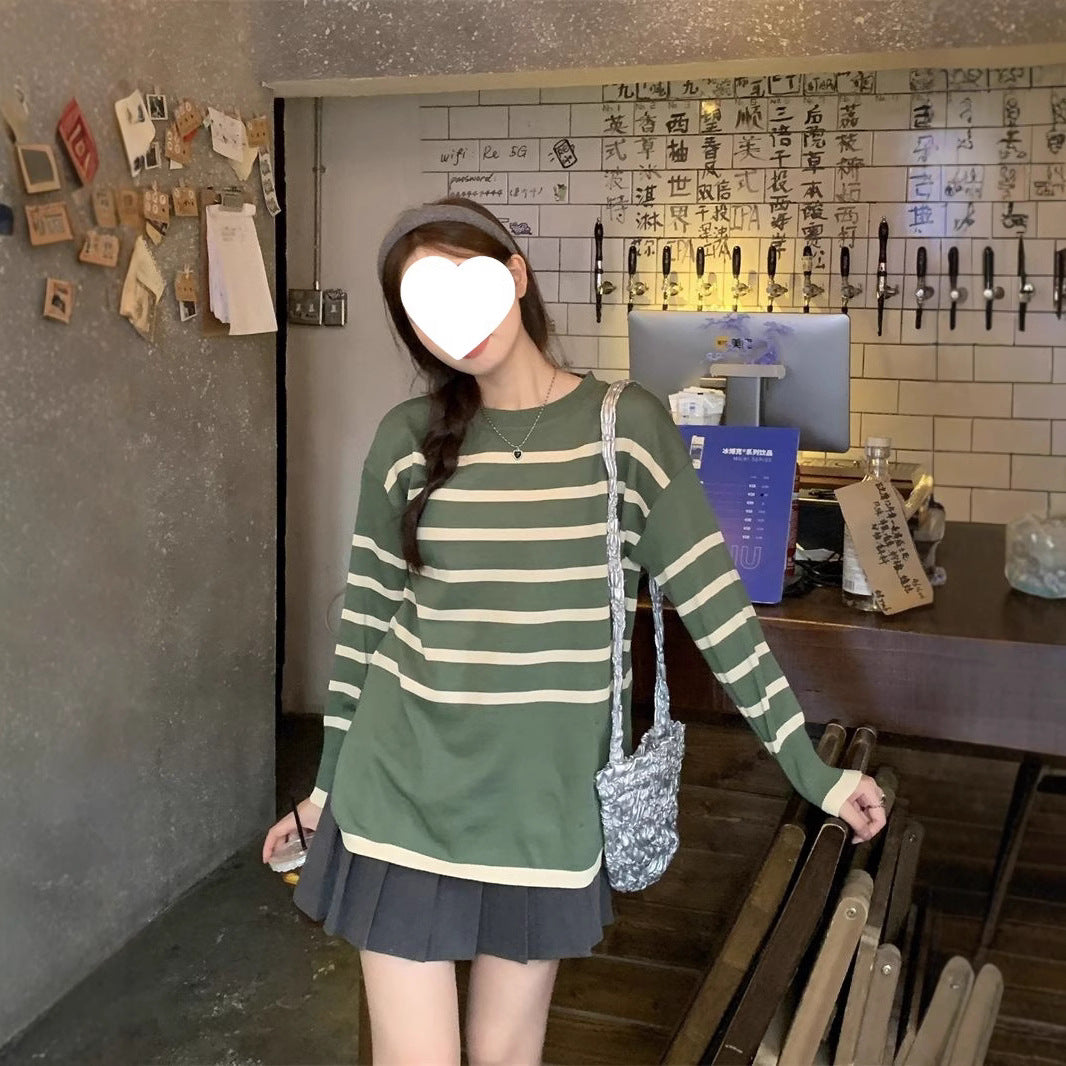Idle Style Retro Striped Crew Neck Long Sleeves Knitwear