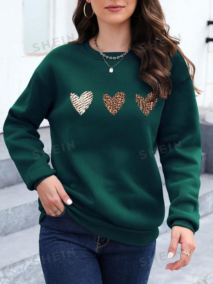 Essnce Leopard Heart Print Drop Shoulder Sweatshirt