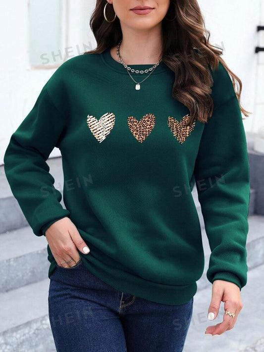 Essnce Leopard Heart Print Drop Shoulder Sweatshirt