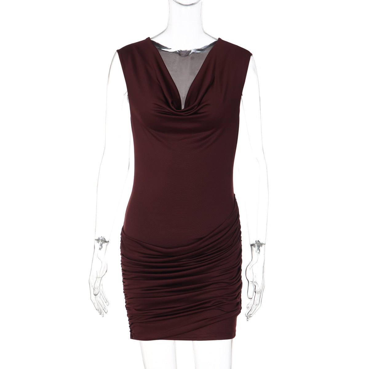 Stylish V-neck Figure-hugging Pleated Sleeveless Sheath Dress