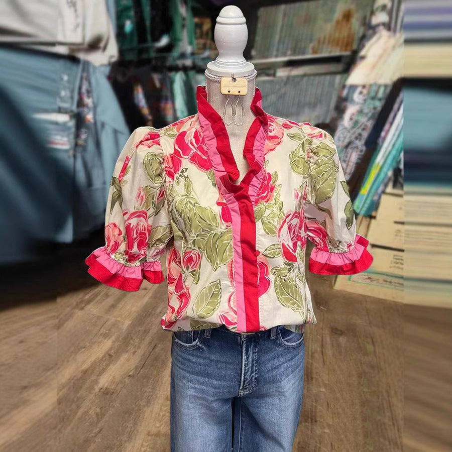 Womens Casual Loose-fitting Fashionable Color-block Printed Top