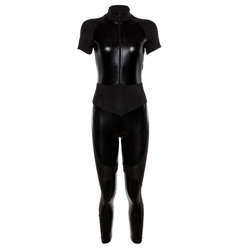 Spring New Women's Stitching Short-sleeved Waist Yoga Fitness Jumpsuit