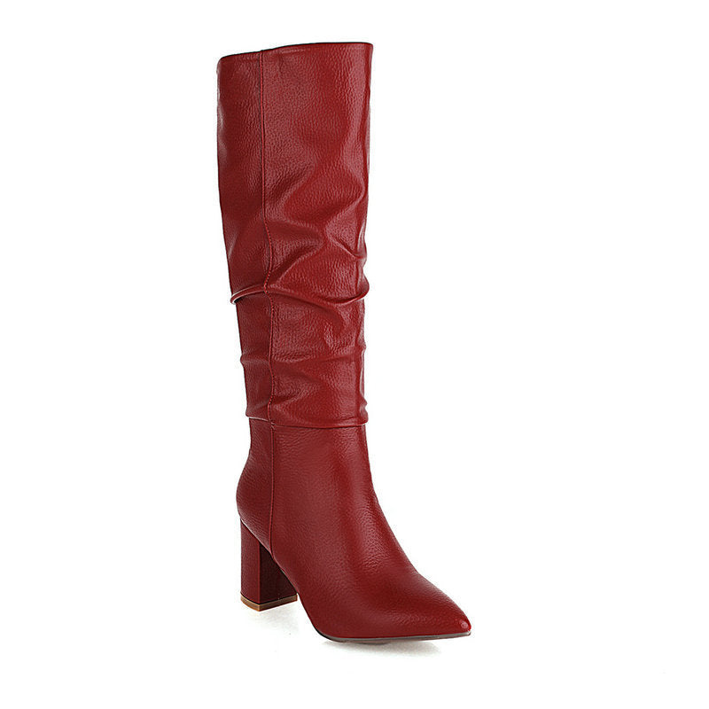 Womens Fleece-Lined Mid-Calf Pointed-Toe Chunky-Heel Boots