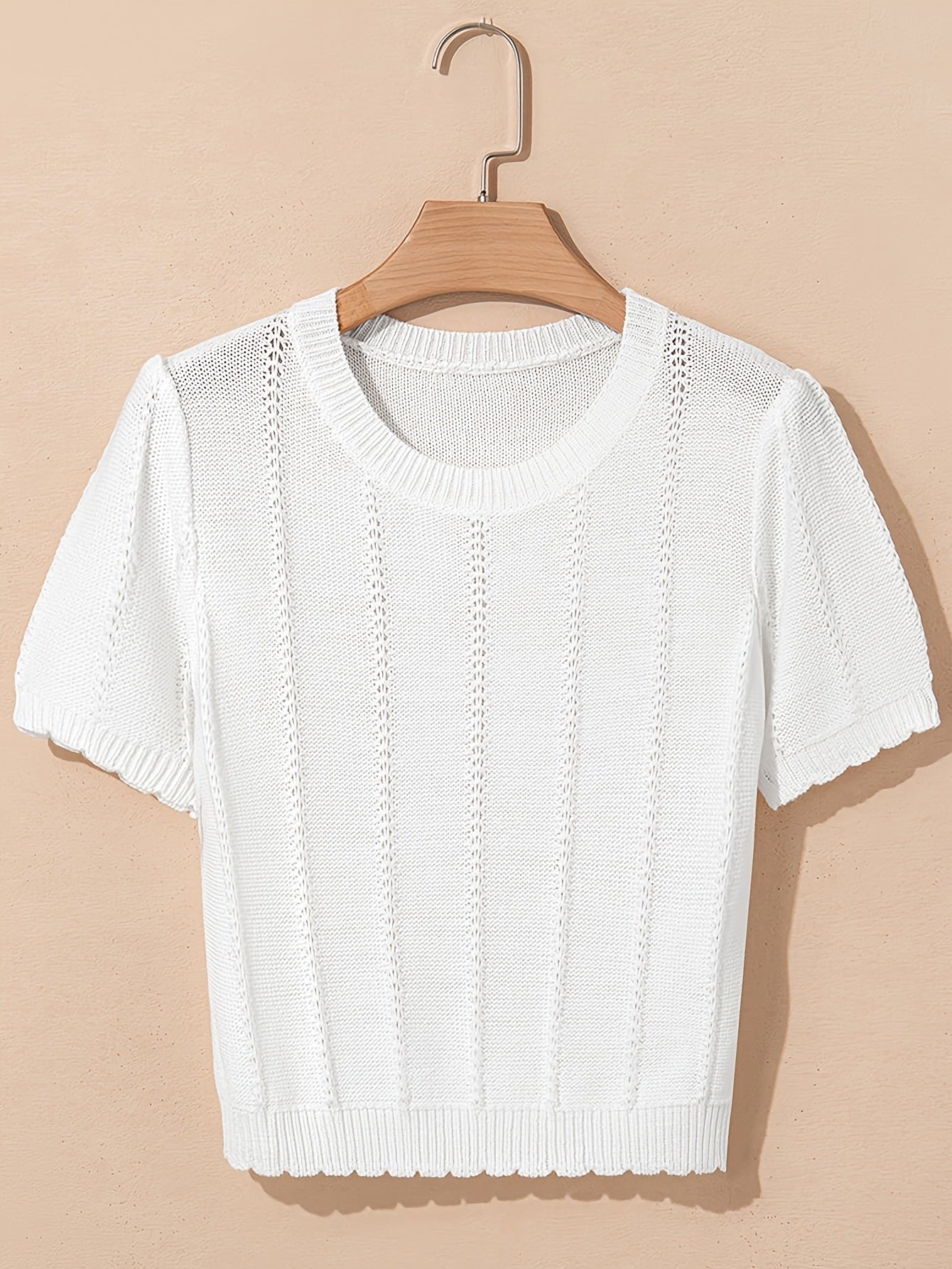 Stylish French-style Crew-neck Mesh Hollow-out Knit Short-sleeve Top