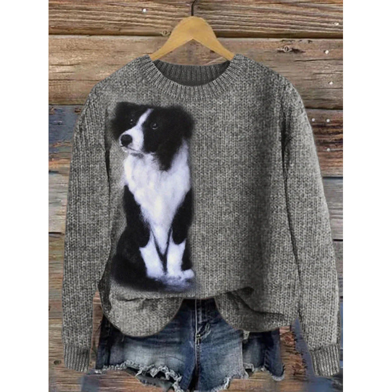Womens Printed Crew-Neck Chunky-Knit Faux Sweater