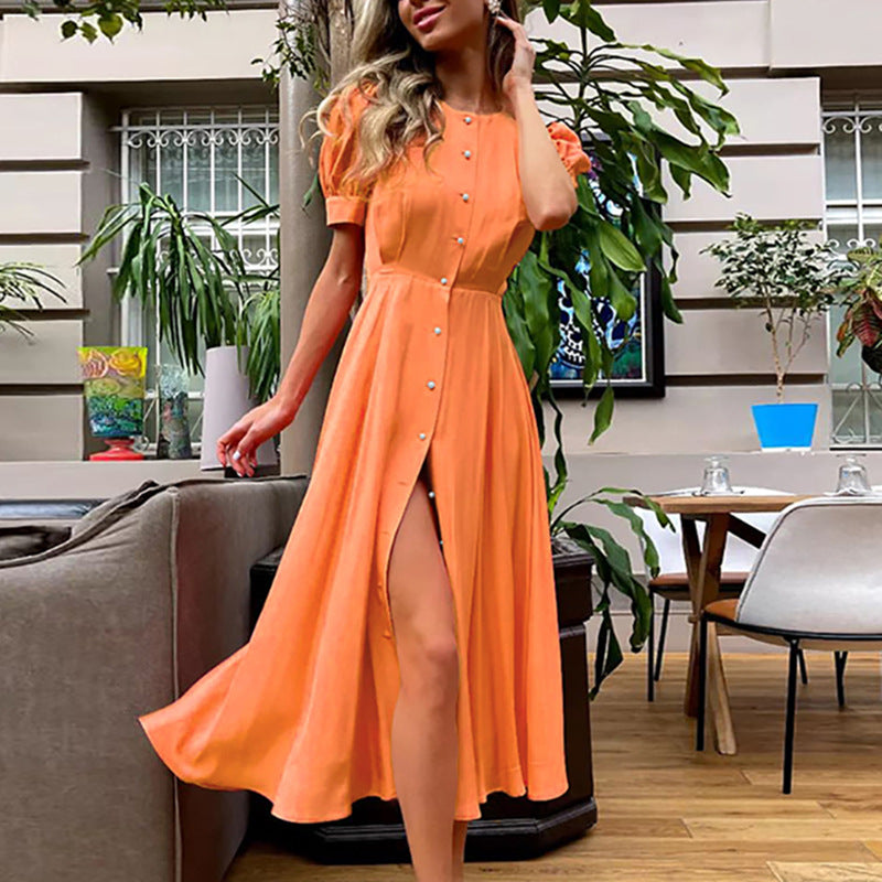 Solid-color Sophisticated High-waisted Shirt-style Split Dress