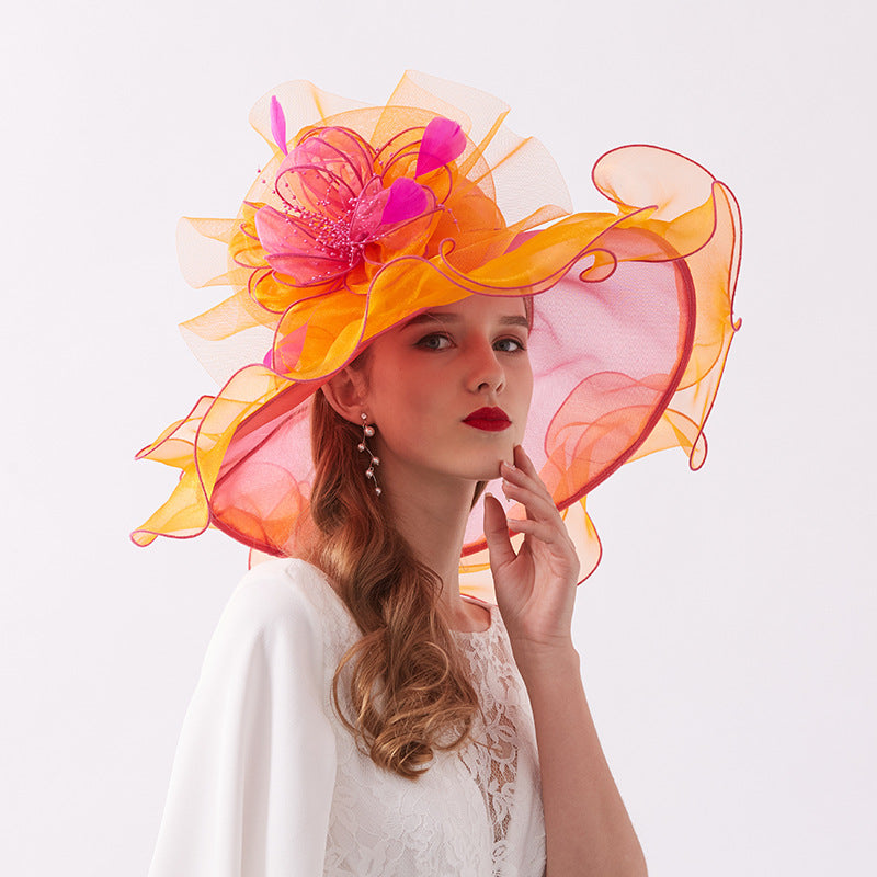 Detachable Head Floral Organza Rolled Edge Embroidered Brimmed Hat Vintage