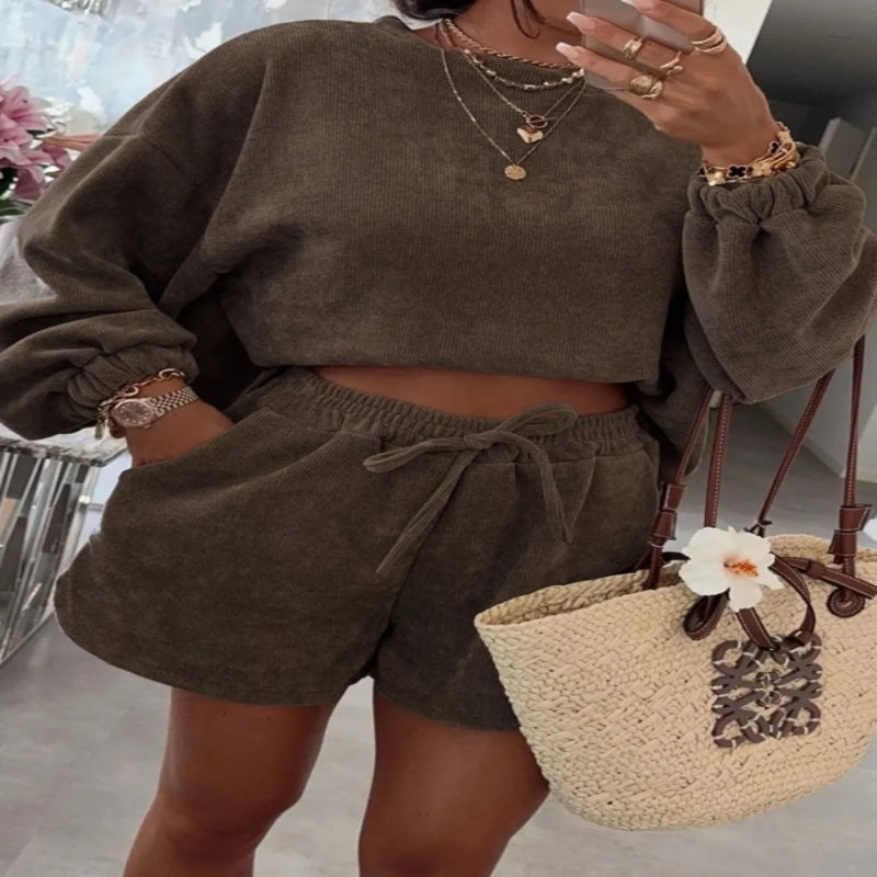 Textured Knit Drop Shoulder Pullover Drawstring Shorts Set