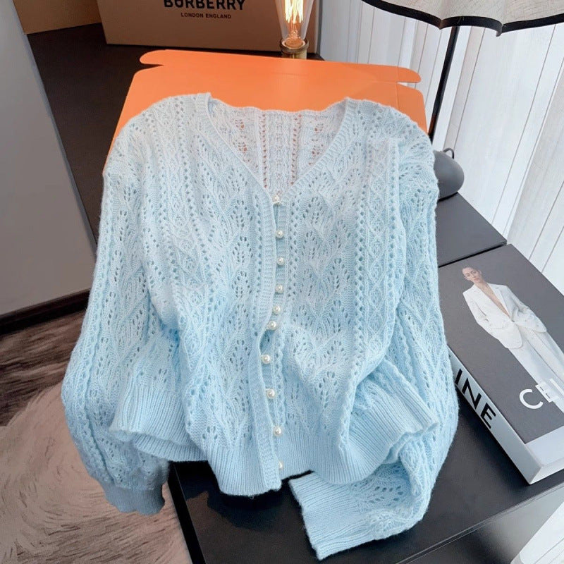 Blue V-neck Loose Thin Office Cardigan Coat Top