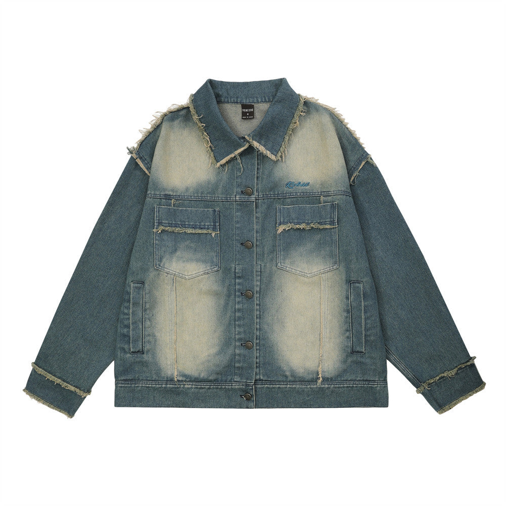 Guochao High Street Contrast Color Monkey Wash Denim Jacket
