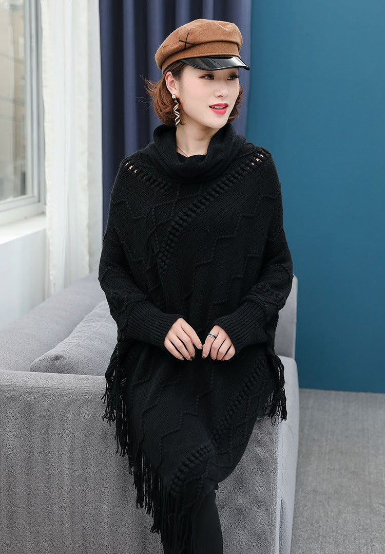 Efterår og vinter Ny strikket sjal med kvaster Højhalset Varm flagermusærmet pullover