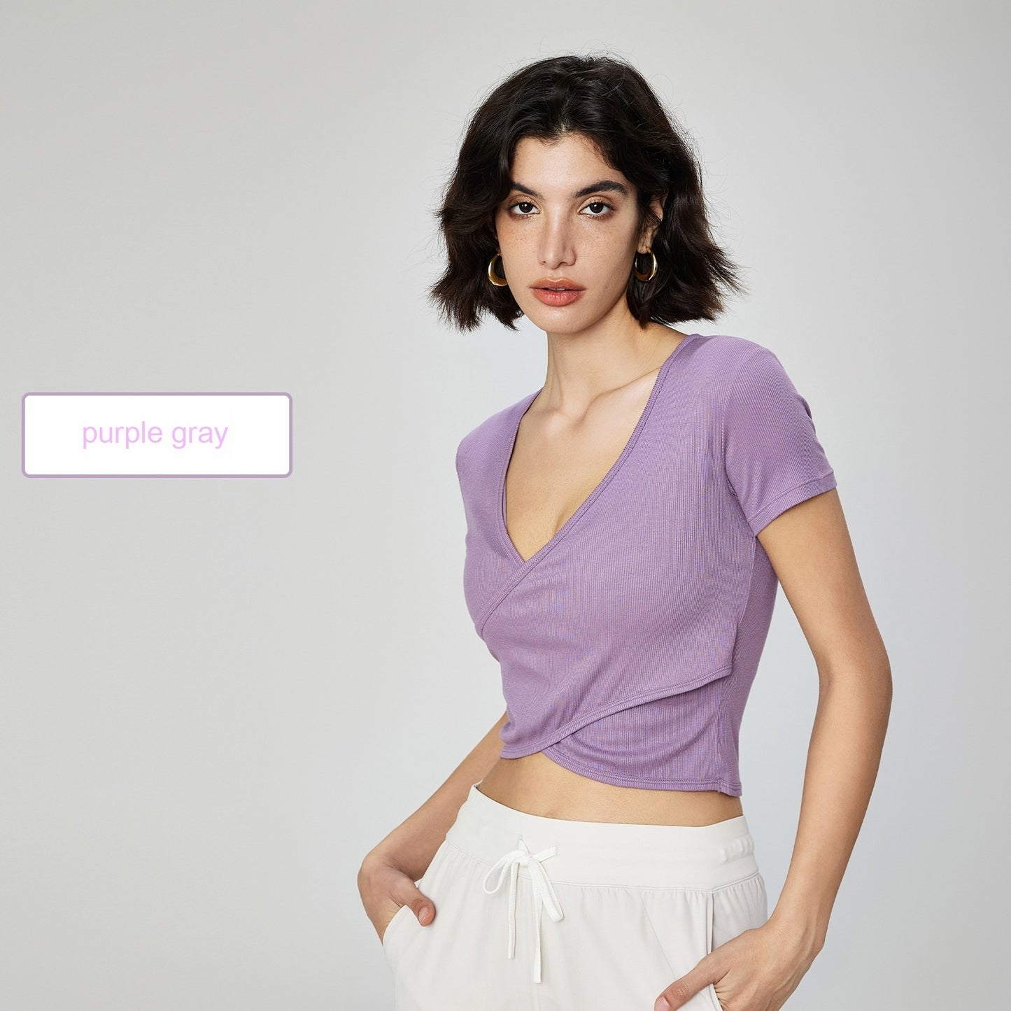 Cross V-hals Yoga T-shirt Kort Taljetæt