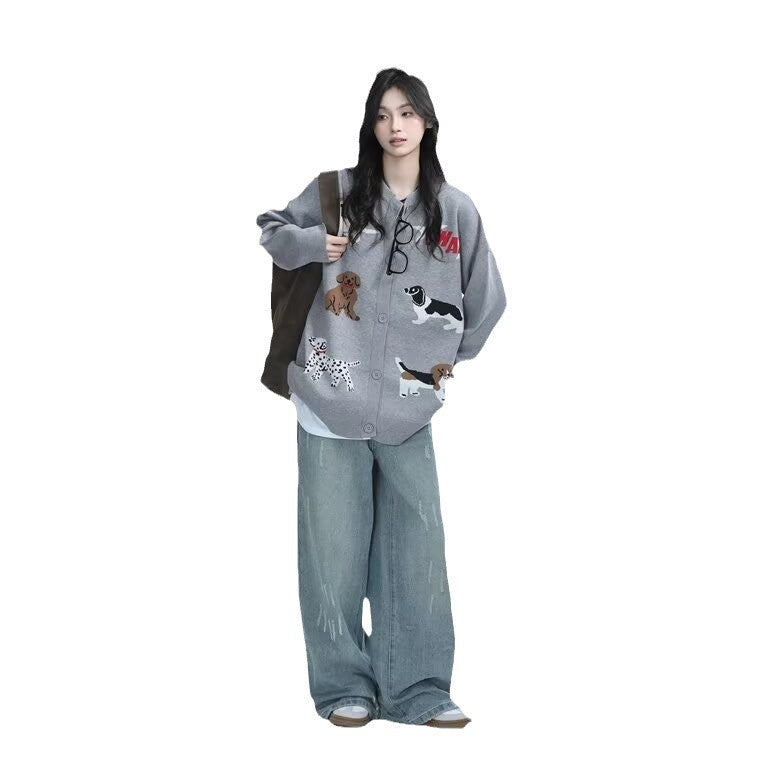 Women's American-style Gray Round-collar Knitted Cardigan