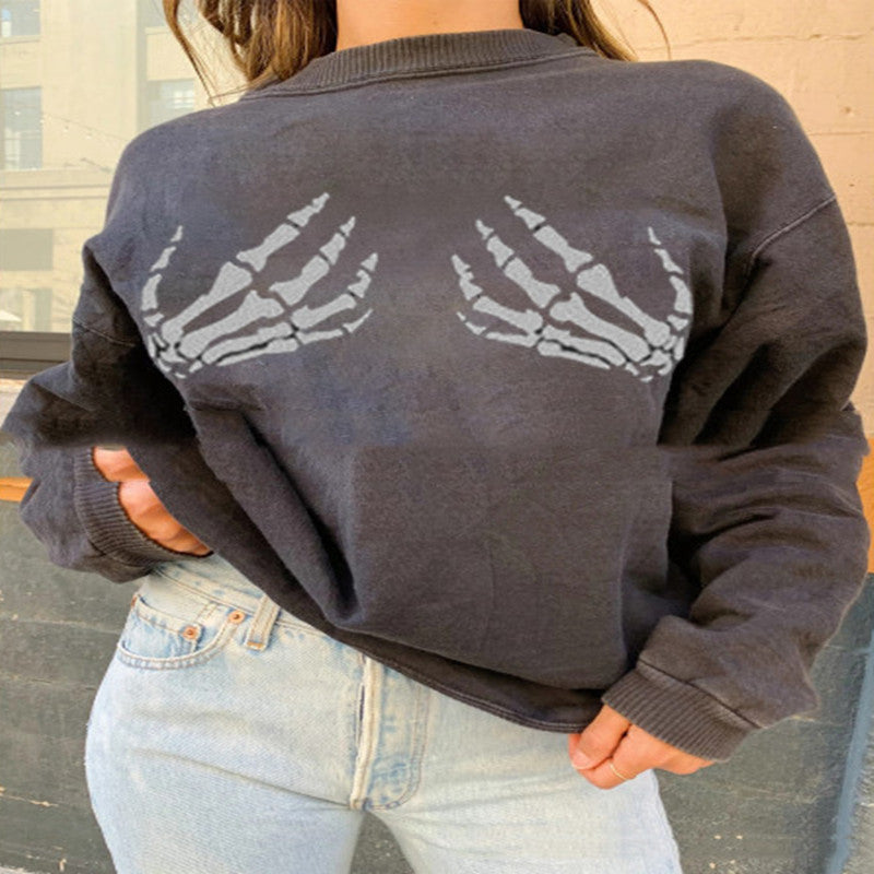 Ny mode sweater kvinde hvid knogle håndprint løs