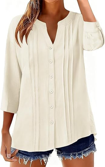 Pleated Casual Solid-Color Loose Cotton-Linen Shirt