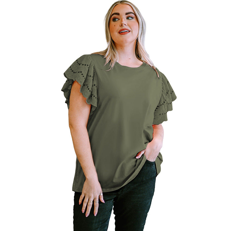 Female Lace Hollow Out Versatile Casual Short Sleeved Shirt