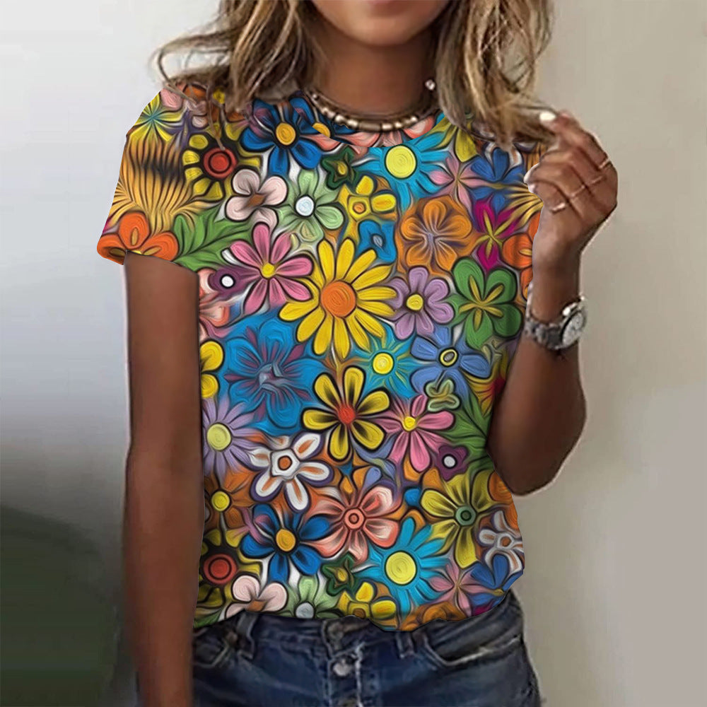 Casual Floral Style Printing Women's Summer T-shirt
