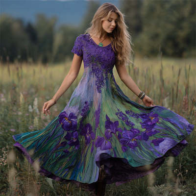 Womens Retro Bohemian Rose Embroidered Dress