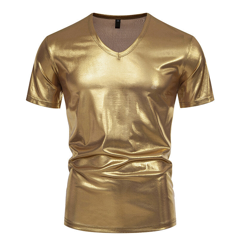 Summer Men's Glossy Bronzing T-shirt Male V-neck