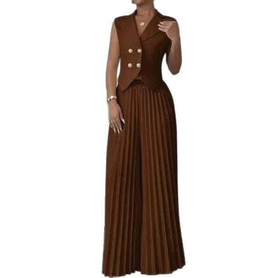 Vest And Pleated Skirt Pants Set For Women