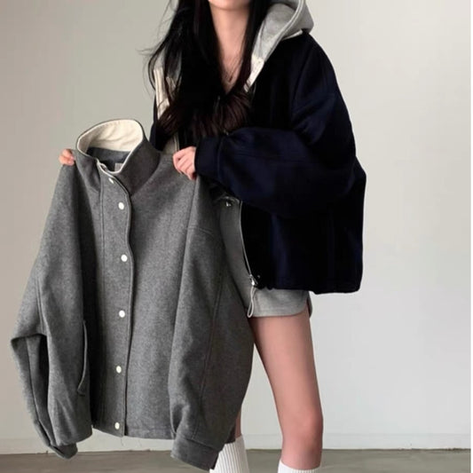 French Retro Lapels Loose Wool Coat Overcoat