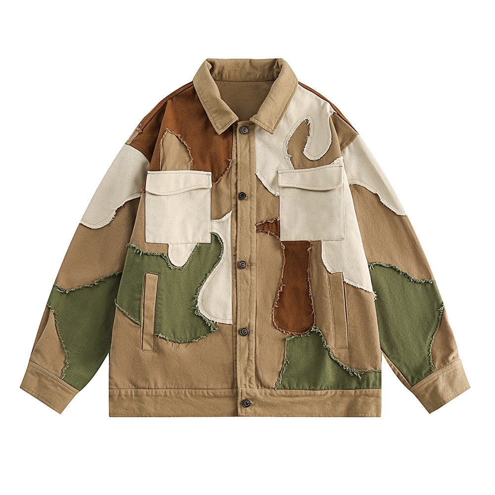 Stitching Color Block Design Sense Niche Loose Turn-down Collar Coat Tide