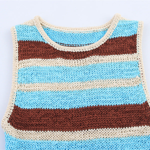 Laminated Decoration Striped Sleeveless Knitted Top