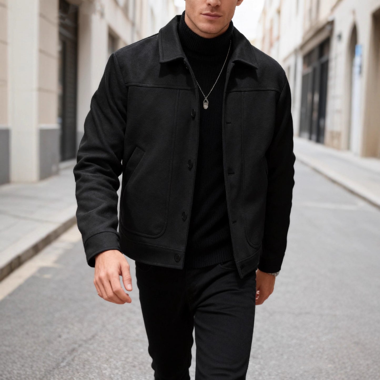 Solid-color Single-breasted Lapel Wool Casual Jacket