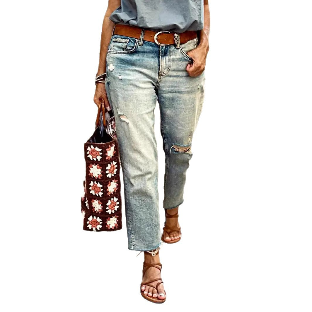 Women's Stretch Denim Loose Straight- Leg Wide-leg Pants