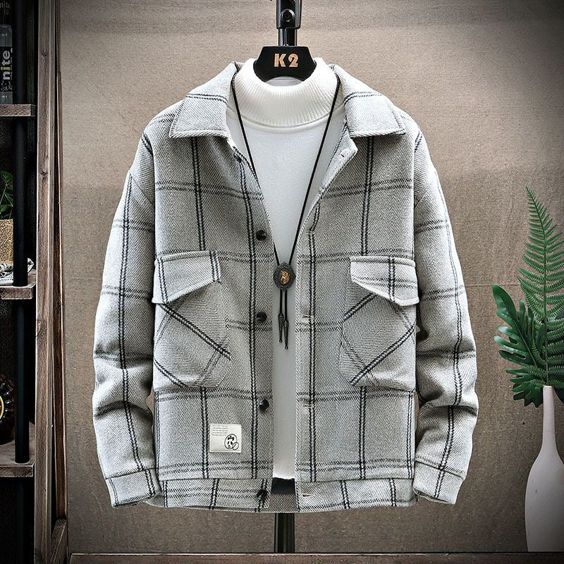 Checker Short Cotton Windbreaker College Students' Tweed Coat
