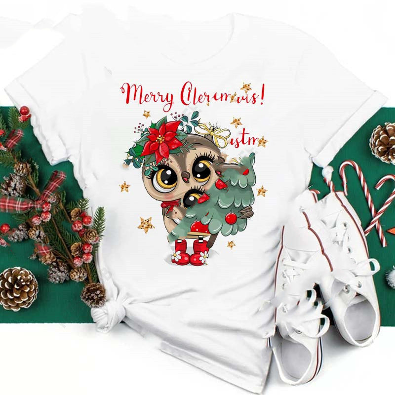 Christmas Penguin Owl Print Women's Black T-Shirt