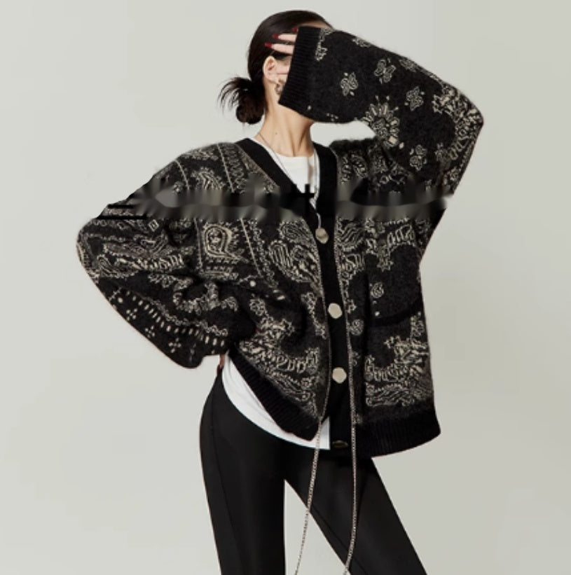 Loose V-neck Jacquard Lazy Sweater Cardigan