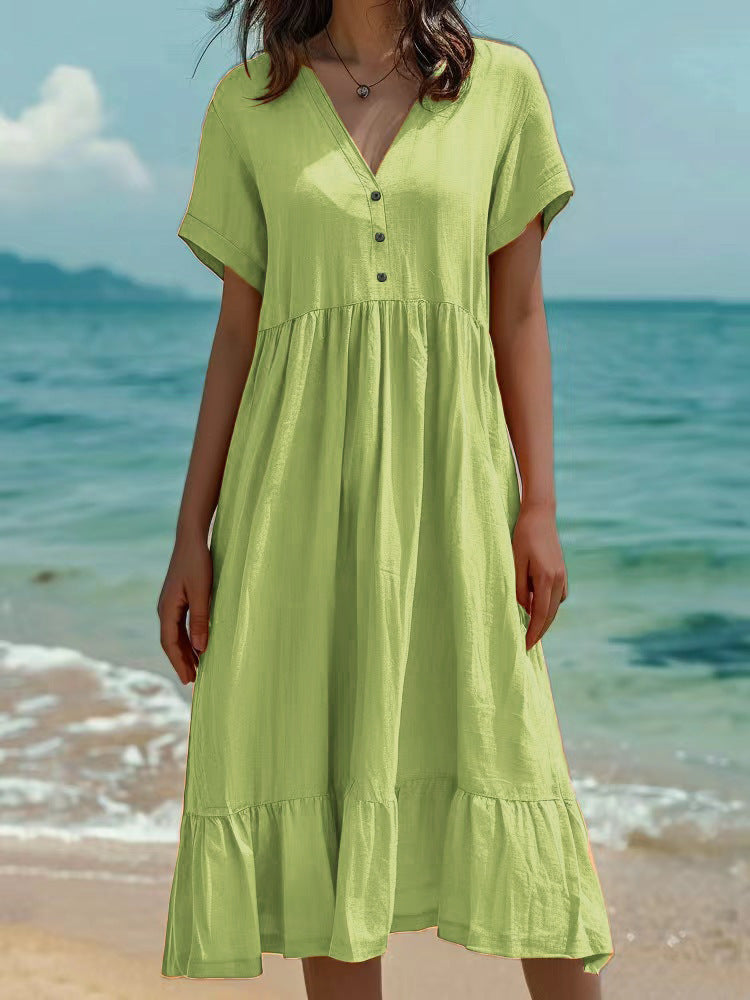 Solid-color Short-sleeve Fashionable Pleated Dress