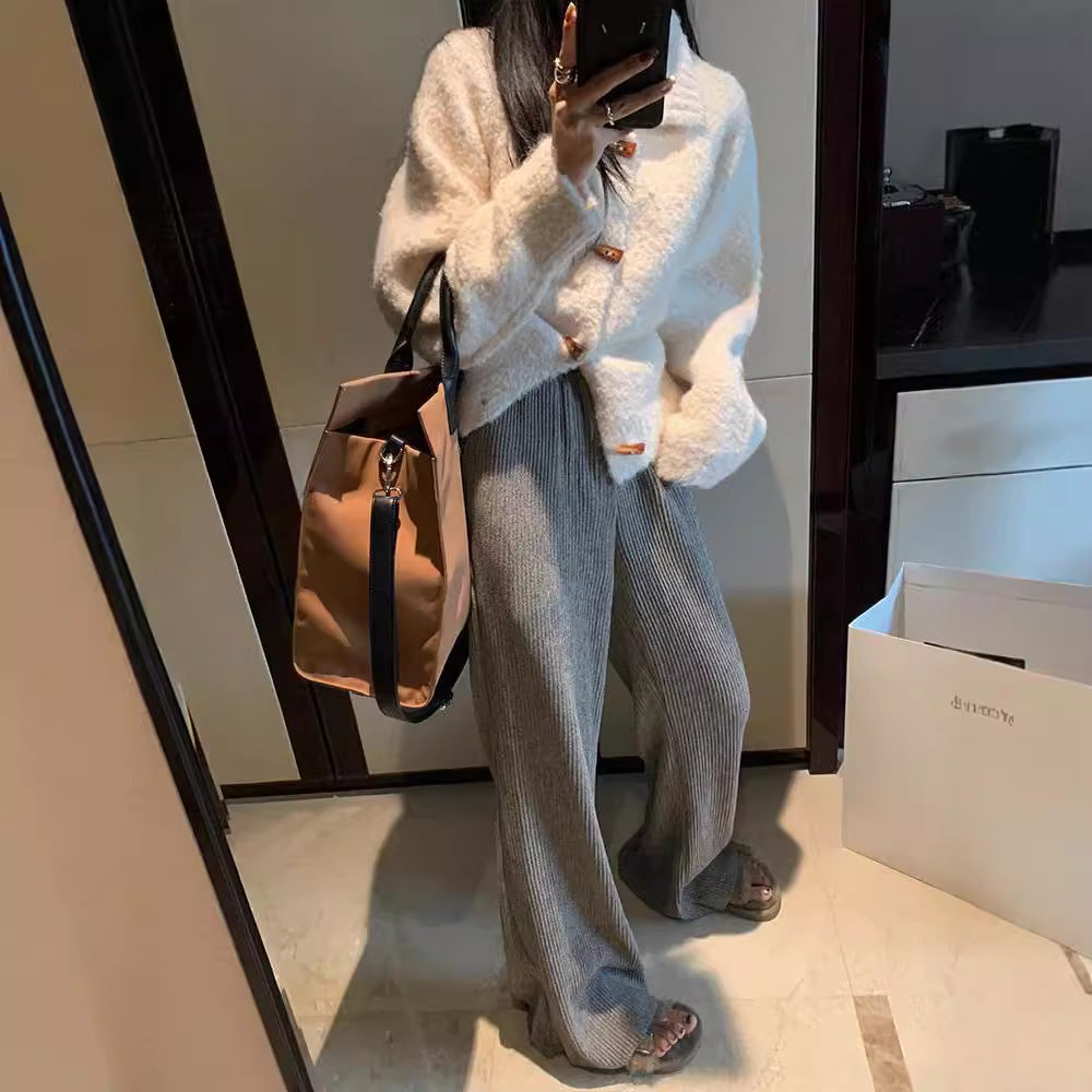 Retro Horn Button Solid Color Sweater Coat For Women
