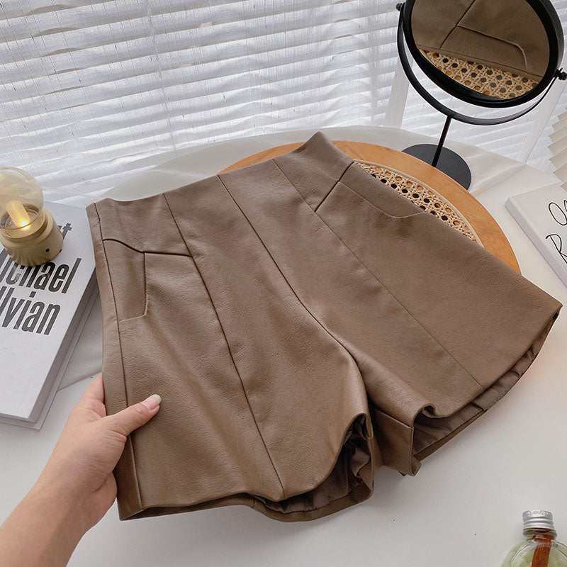 Women's High-waist A-line Thin Wide-legged Outer Wear PU Leather Boots Pants