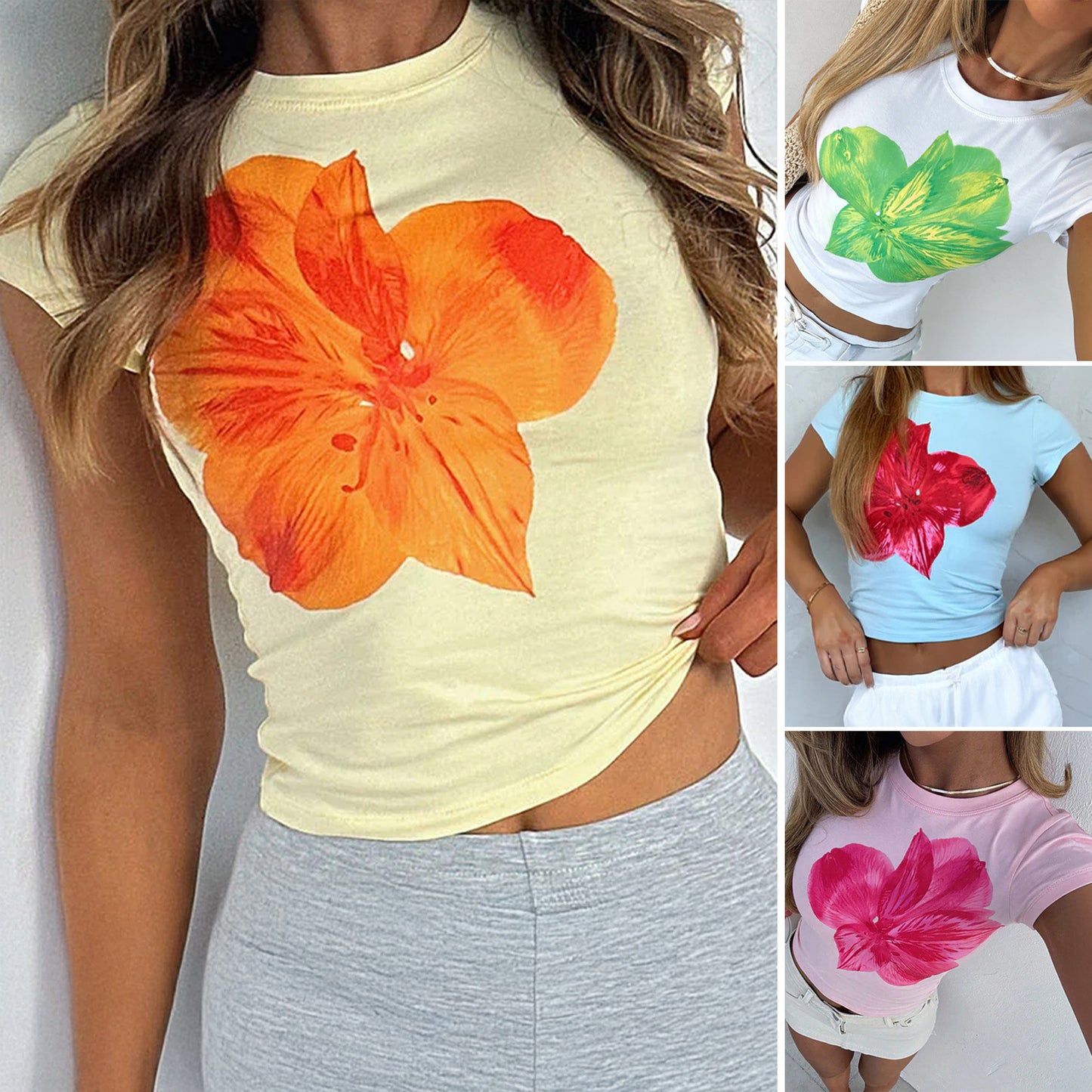 Polyester Casual Slanktsiddende Talje Blomstermønstret Kortærmet T-shirt til Kvinder