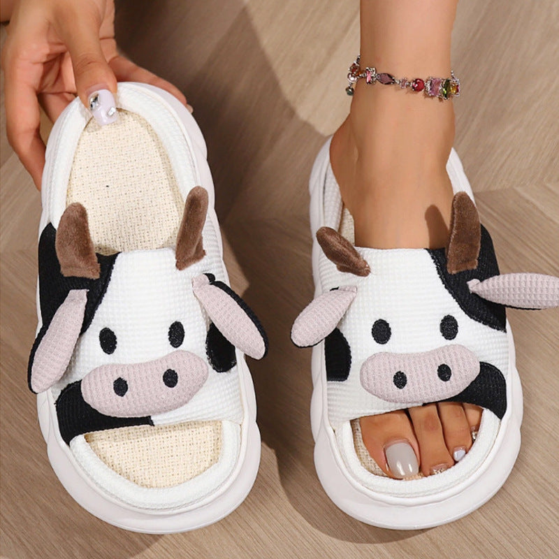 Cute Cow Linen Shit Feeling Interior Non-slip Deodorant Outer Wear Platform Slippers