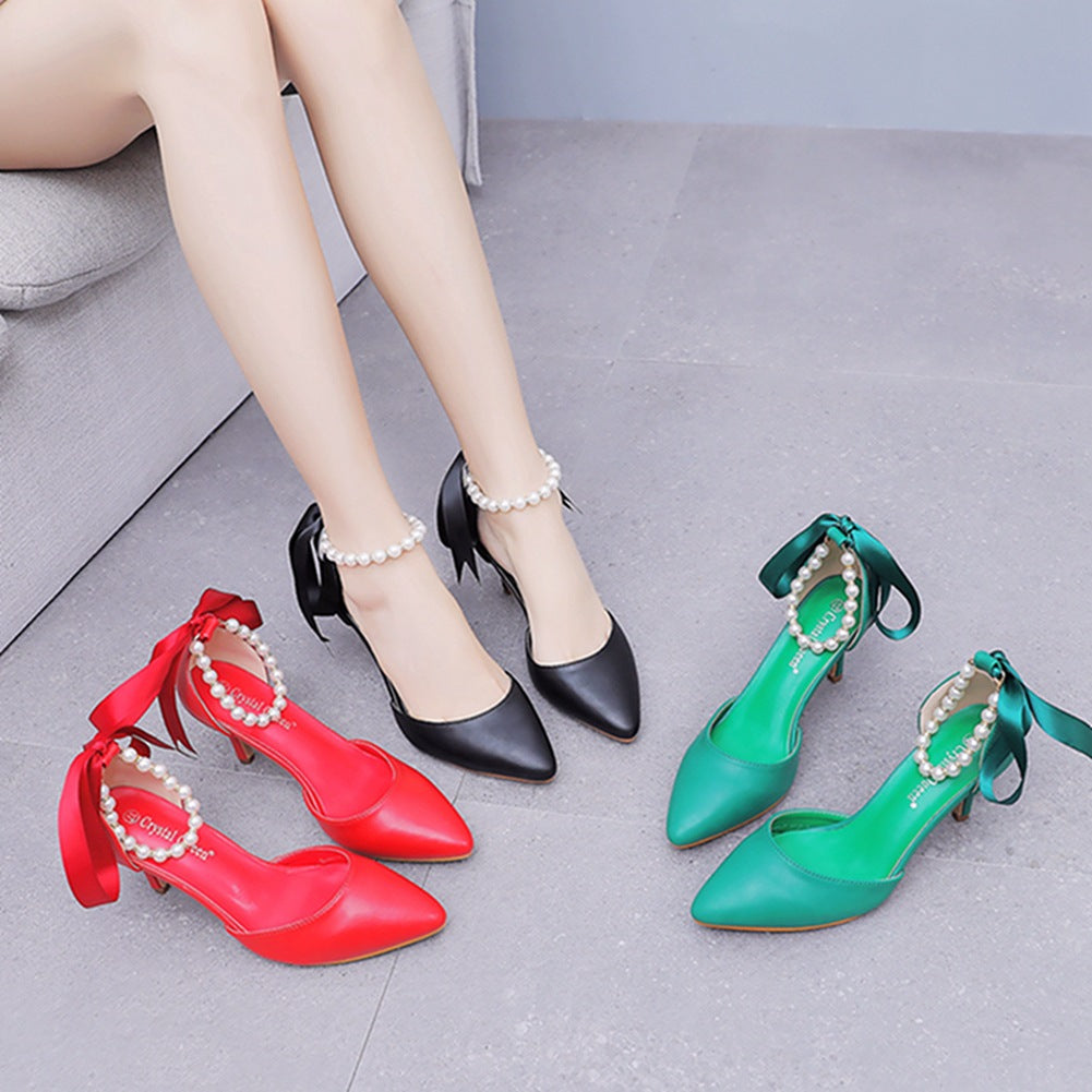 Mid Heel Rhinestone  7cm    Beaded Ribbon Sandals Matte Soft PU Leather Dress Shoes For Women