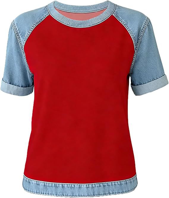 Denim Patchwork Crew Neck Short-sleeve Loose Casual Everyday Versatile