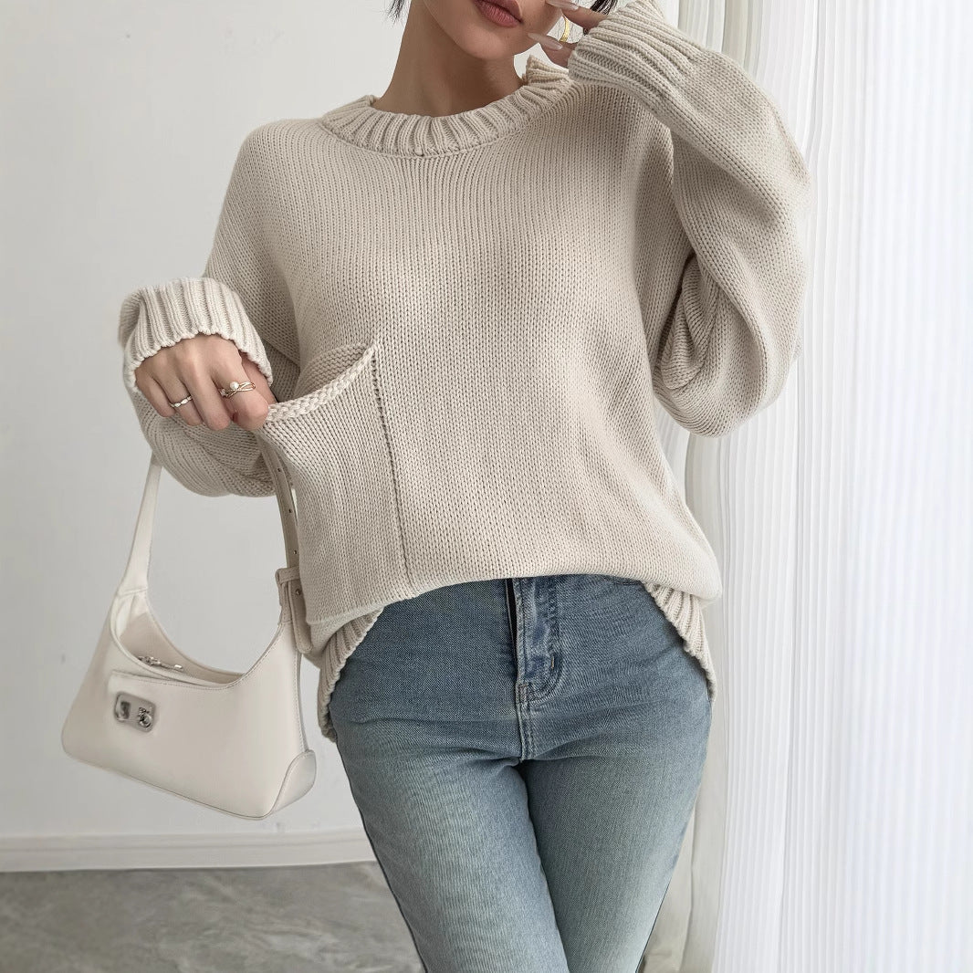 Women's Knitted Sweater Round Neck Pocket