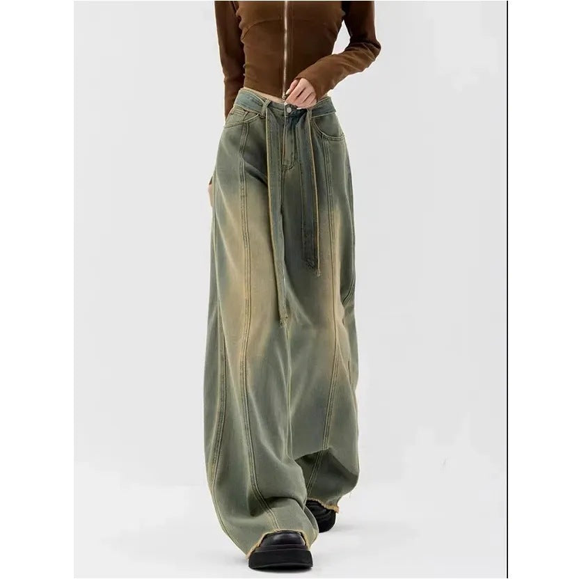 Retro Blue Jeans Women's Straight Loose Wide Leg Pants Dark Wide Foot Mopping