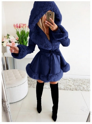 Women's Thermal Hooded Lapel Fur Splicing Coat