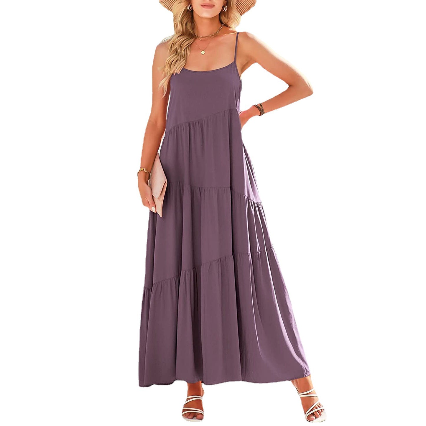 Womens Loose Casual Pleated Irregular Dress Beach Slip Maxi Dress