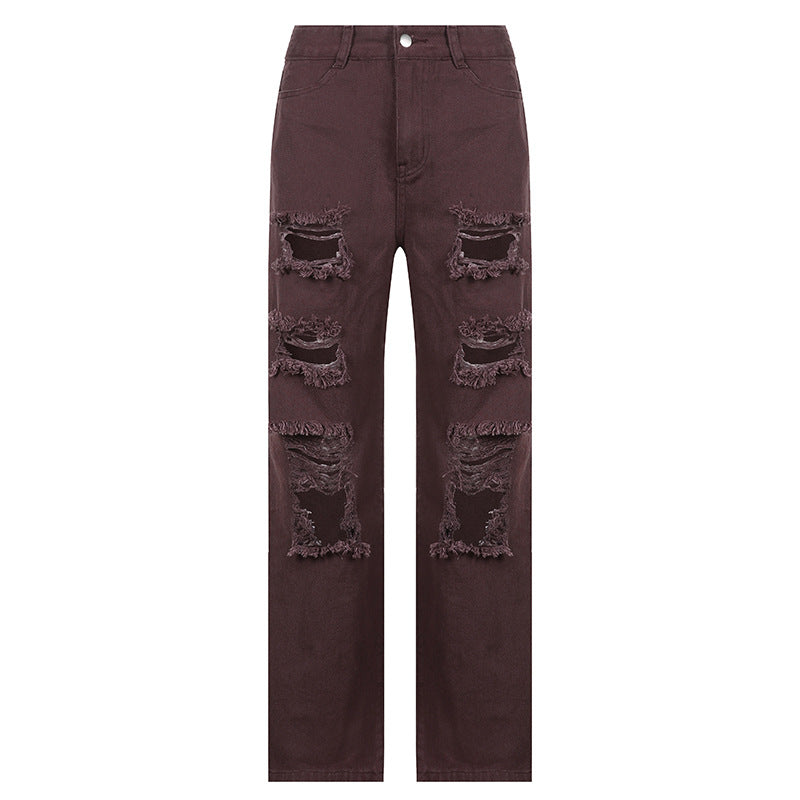 Asymmetrical Hole High-rise Buttocks Straight-leg Casual Jeans