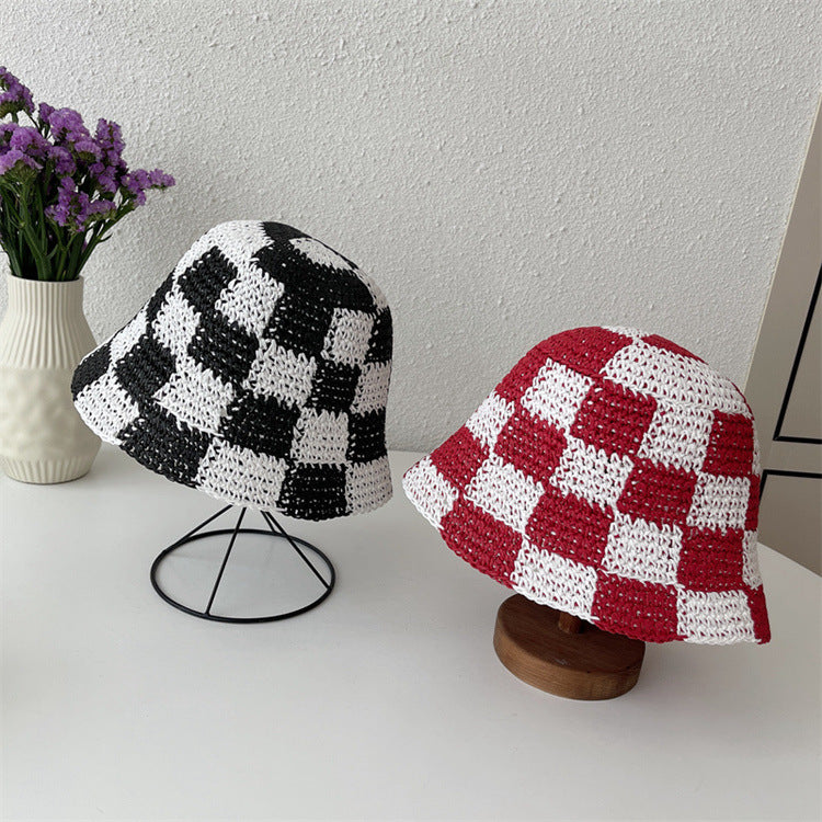Checkerboard Plaid Coarse Wool Knitted Fisherman Hat Handmade For Women