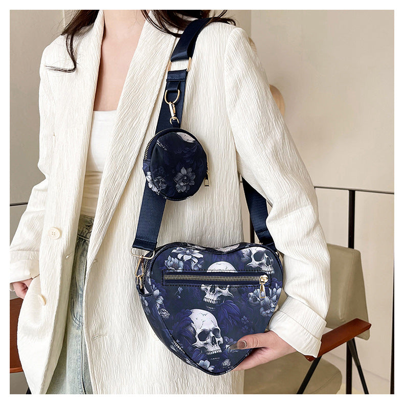 Skull Flower Printed Waterproof Oxford Cloth Large Capacity Versatile Shoulder Bag Detachable Coin Purse