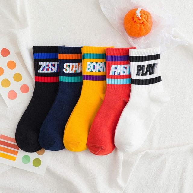 Spring And Autumn Ladies New Mid-calf English Letters Wide Stripe Combination Ins Trend Athletic Socks Combed Cotton Women's Socks Manufacturer