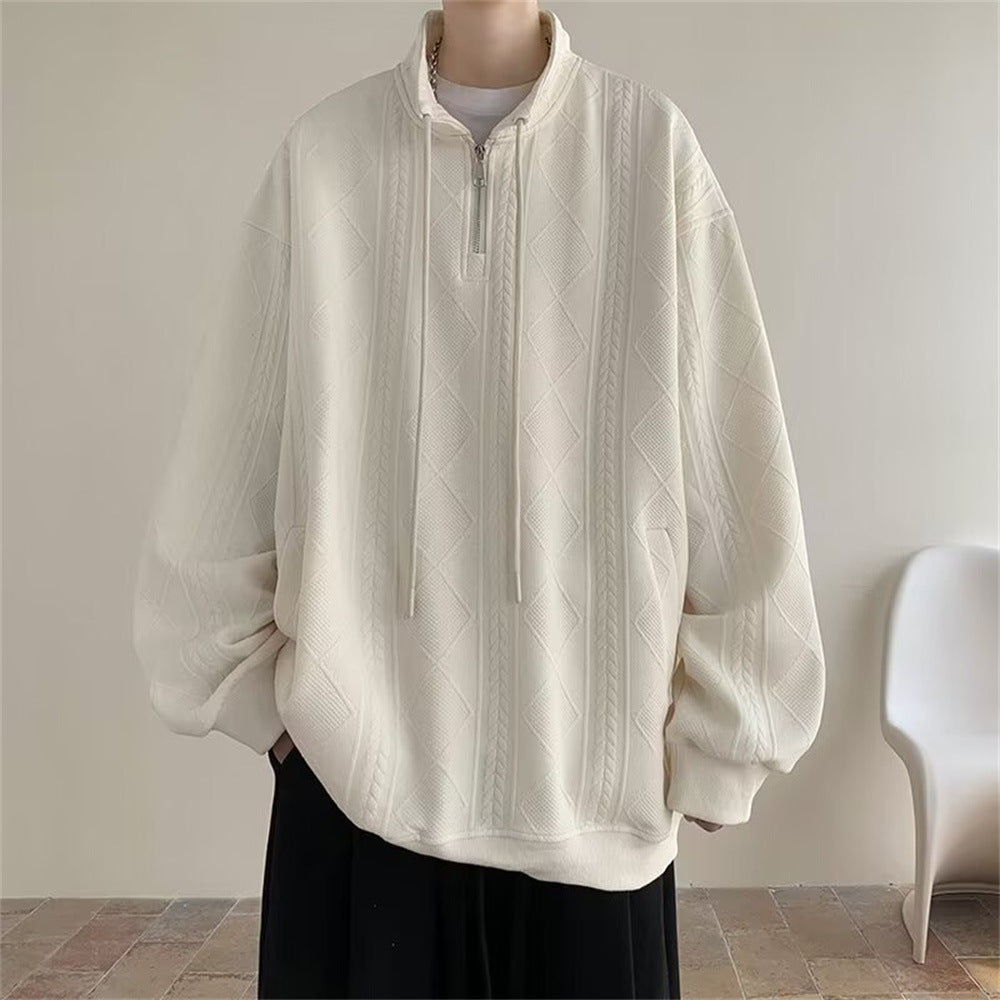 Half Zipper Creamy-white Jacquard Stand Collar Sweater